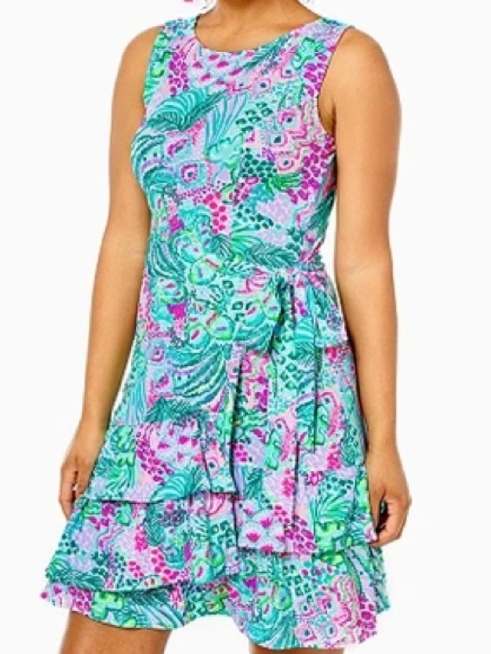 Lilly Pulitzer Ashbourne Sleeveless Wrap Dress features a vibrant, tropical